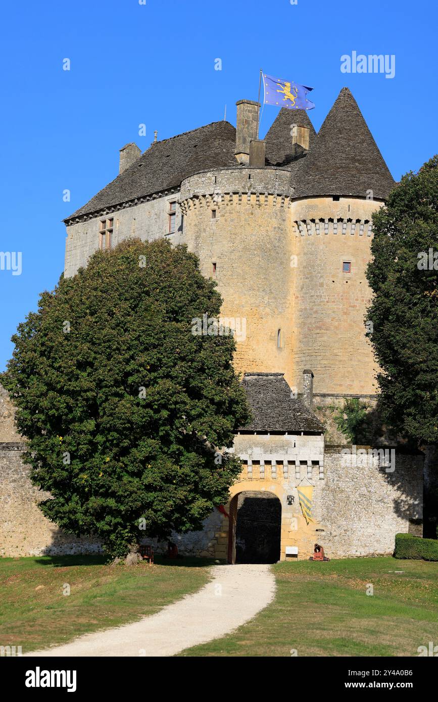 Die Festung von Fénelon in Périgord Noir. Geschichte, Kulturerbe, Tourismus, Film und Fernsehen. Sainte-Mondane, Dordogne, Périgord, New Aquitai Stockfoto