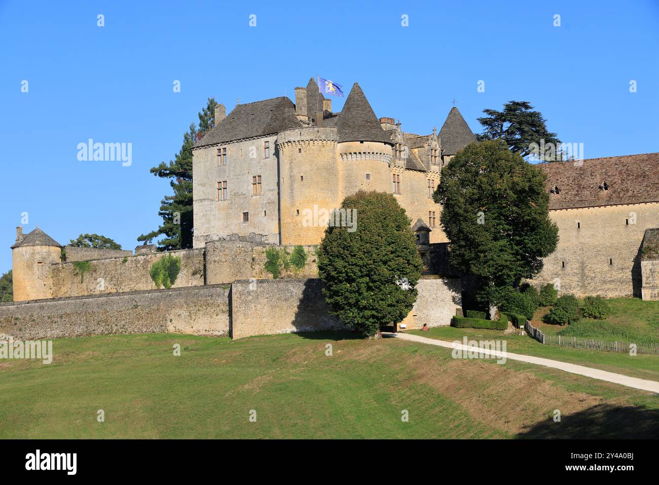 Die Festung von Fénelon in Périgord Noir. Geschichte, Kulturerbe, Tourismus, Film und Fernsehen. Sainte-Mondane, Dordogne, Périgord, New Aquitai Stockfoto
