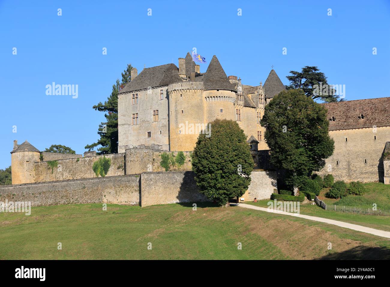 Die Festung von Fénelon in Périgord Noir. Geschichte, Kulturerbe, Tourismus, Film und Fernsehen. Sainte-Mondane, Dordogne, Périgord, New Aquitai Stockfoto