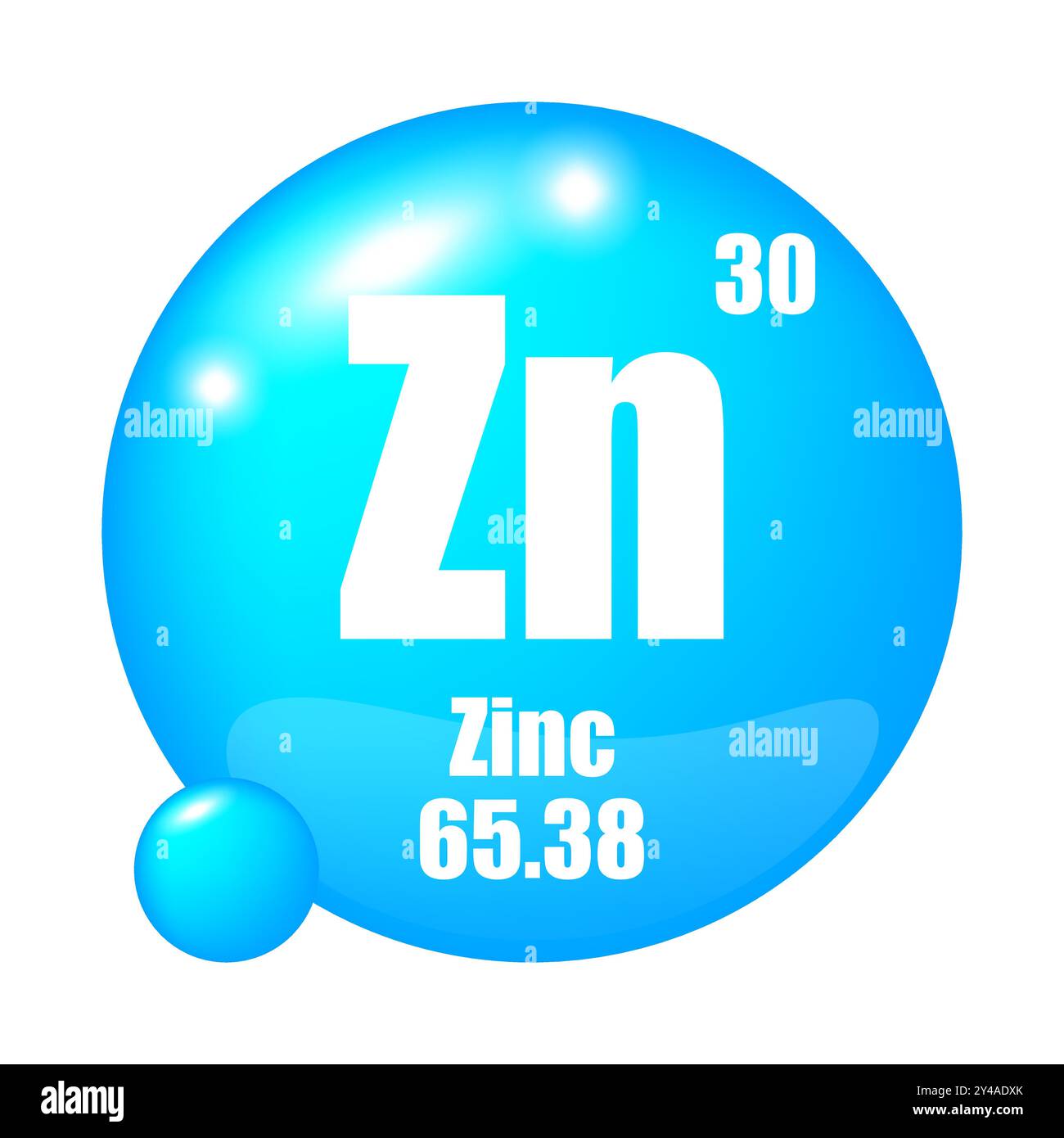 Symbol für Zinkelement. Zn-Abkürzung. Atomzahl 30. Atommasse 65.38. Stock Vektor