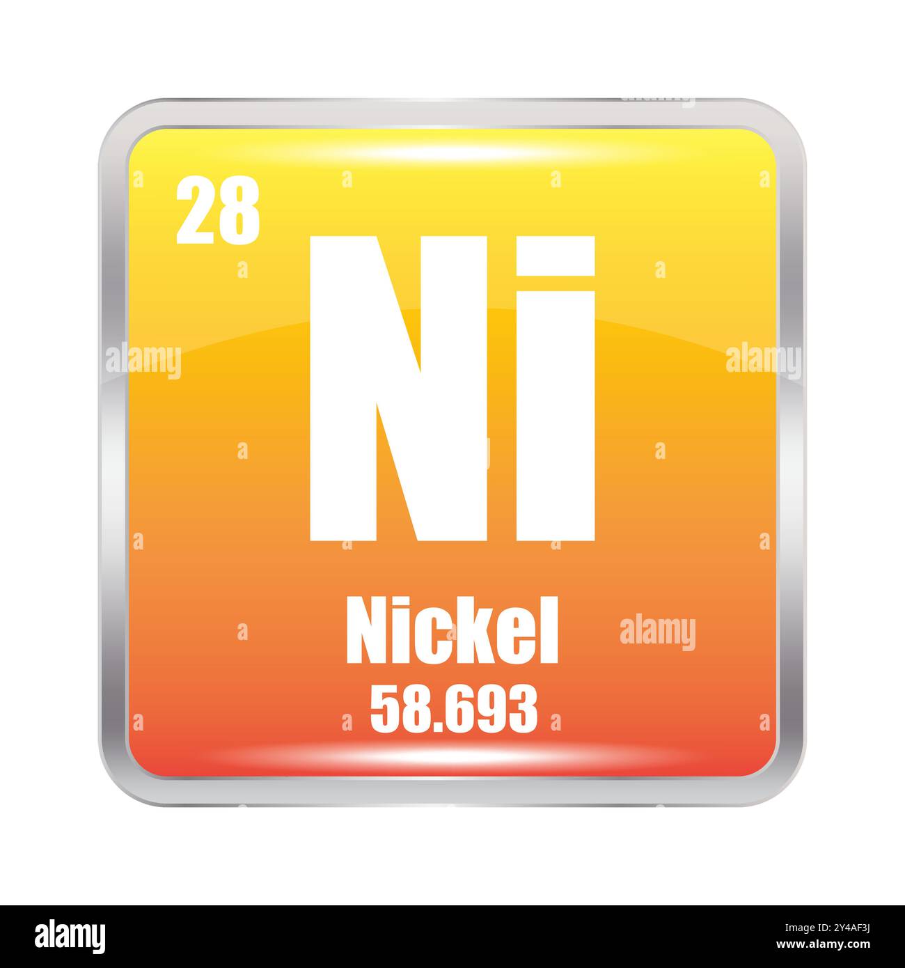 Symbol für Nickelelement. Atomzahl 28. Masse Nickel 58,693. Vektor-Ni-Symbol. Stock Vektor