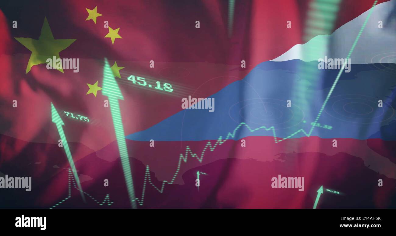 Bild zur Verarbeitung von Finanzdaten über chinesischen und russischen Flaggen Stockfoto