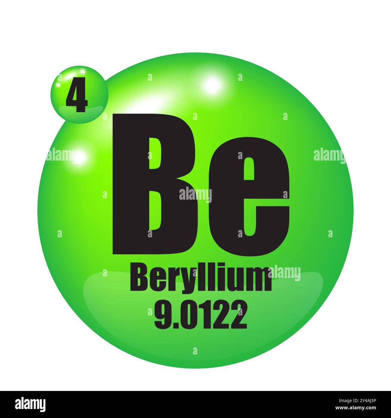 Symbol für Berylliumelement. Atomzahl vier. Symbol für das Periodensystem. Glänzend grüner Hintergrund. Stock Vektor