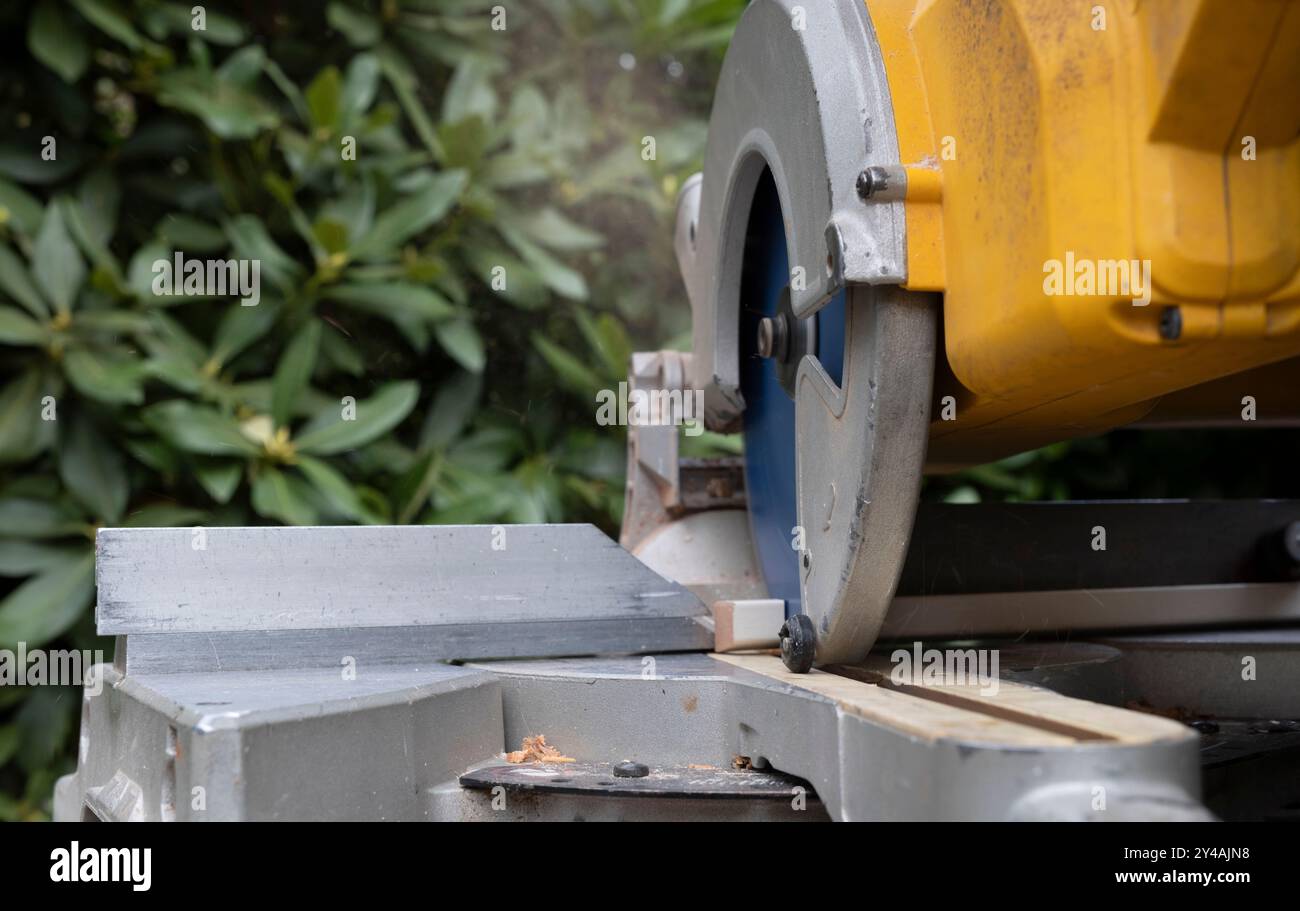 Zimmermann schneidet eine Leiste schräg mit einer kreisförmigen Quersäge, ideal für den Innenbau Stockfoto