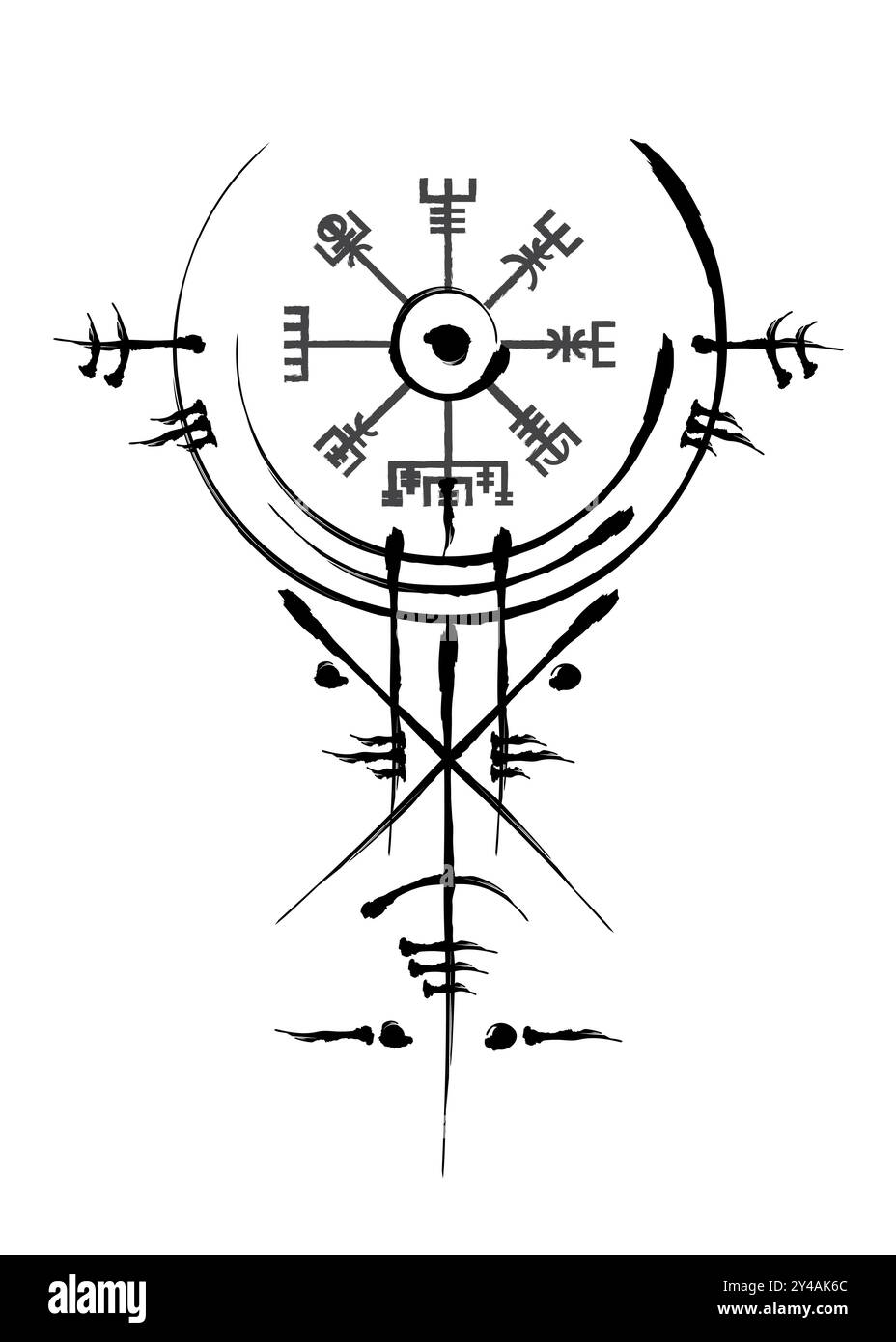 Handgezeichneter Vegvisir, alter Navigationskompass. Old Magic Schild Celtic Art Deco. Die Wikinger verwendeten viele Symbole in Übereinstimmung mit der nordischen Mythologie, Logo Stock Vektor