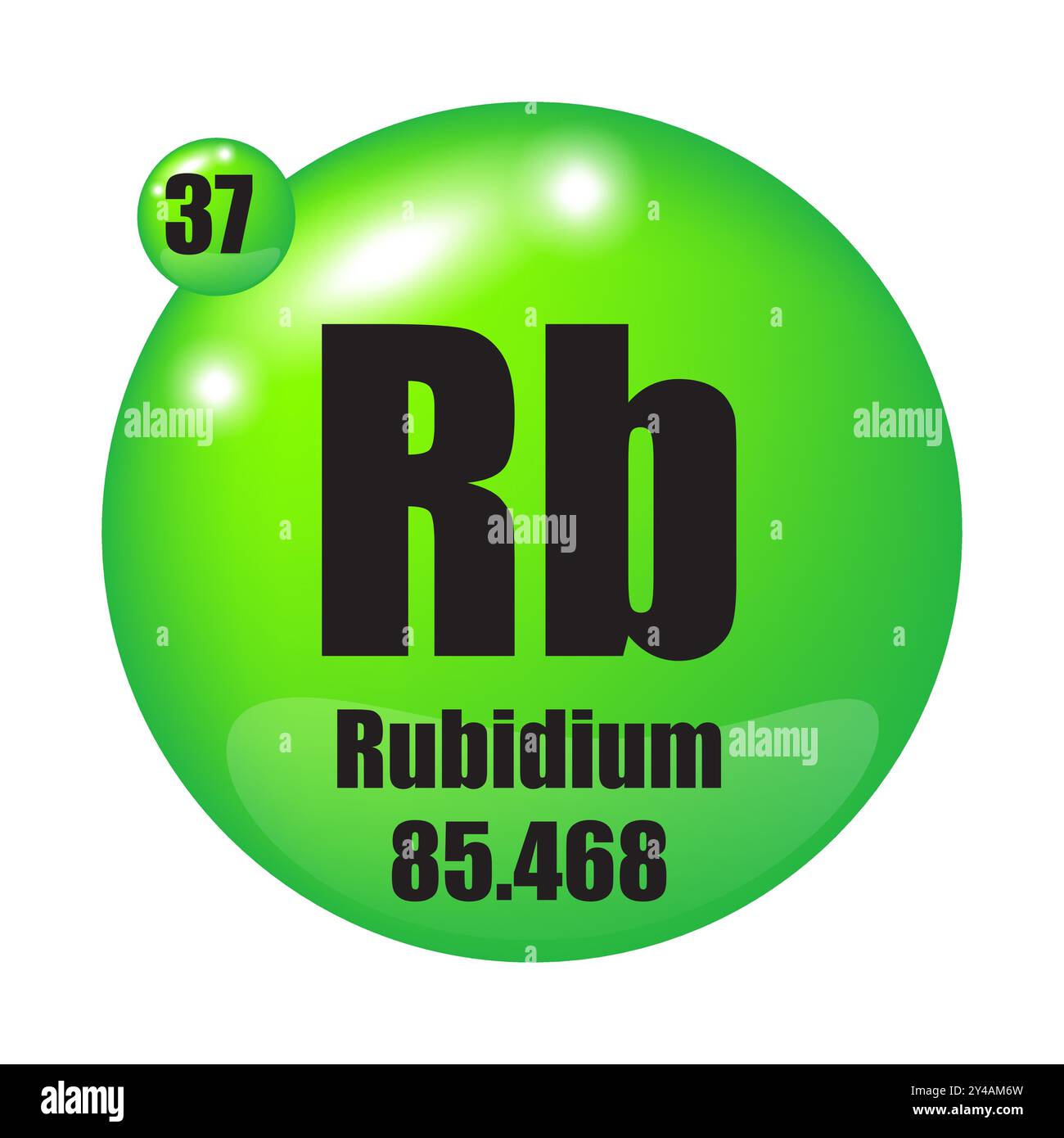 Rubidium-Symbol. Chemisches RB-Element. Atomzahl 37. Masse 85.468. Grüne Kugel. Stock Vektor