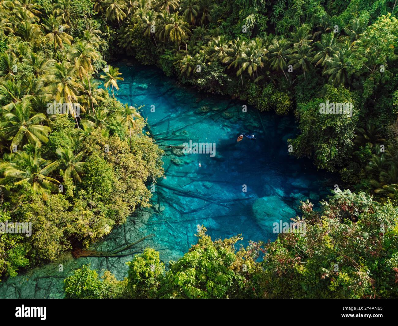 Tropischer transparenter See mit kristallblauem Süßwasser in Sulawesi, Indonesien. Luftaufnahme Stockfoto