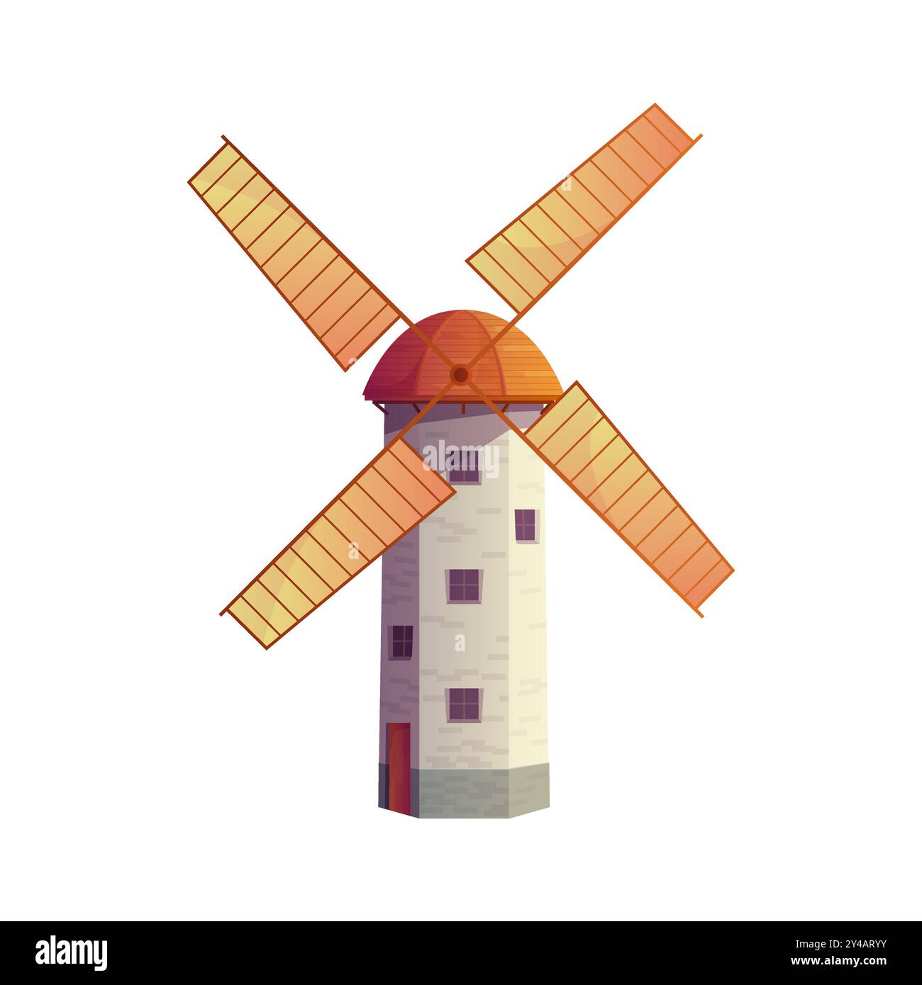 Altes hohes Windmühlengebäude mit Steinturm und Holzklingen Vektorillustration Stock Vektor