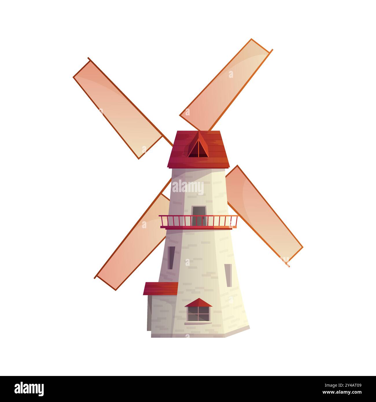 Alte Windmühle mit Holzschaufeln und Balkon, europäische rustikale Gebäude Vektorillustration Stock Vektor