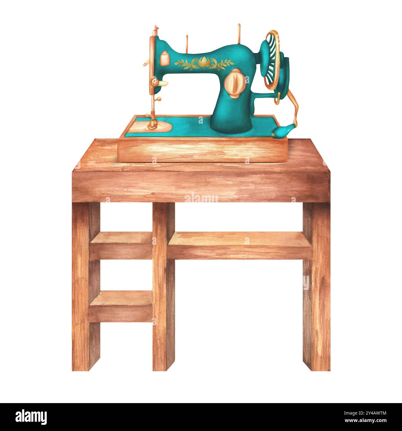 Holztisch mit Nähmaschine. Clipart wird vernäht. Maßgeschneidert. Werkstatt. Handarbeit. Handgezeichnete Aquarellillustration. Stockfoto