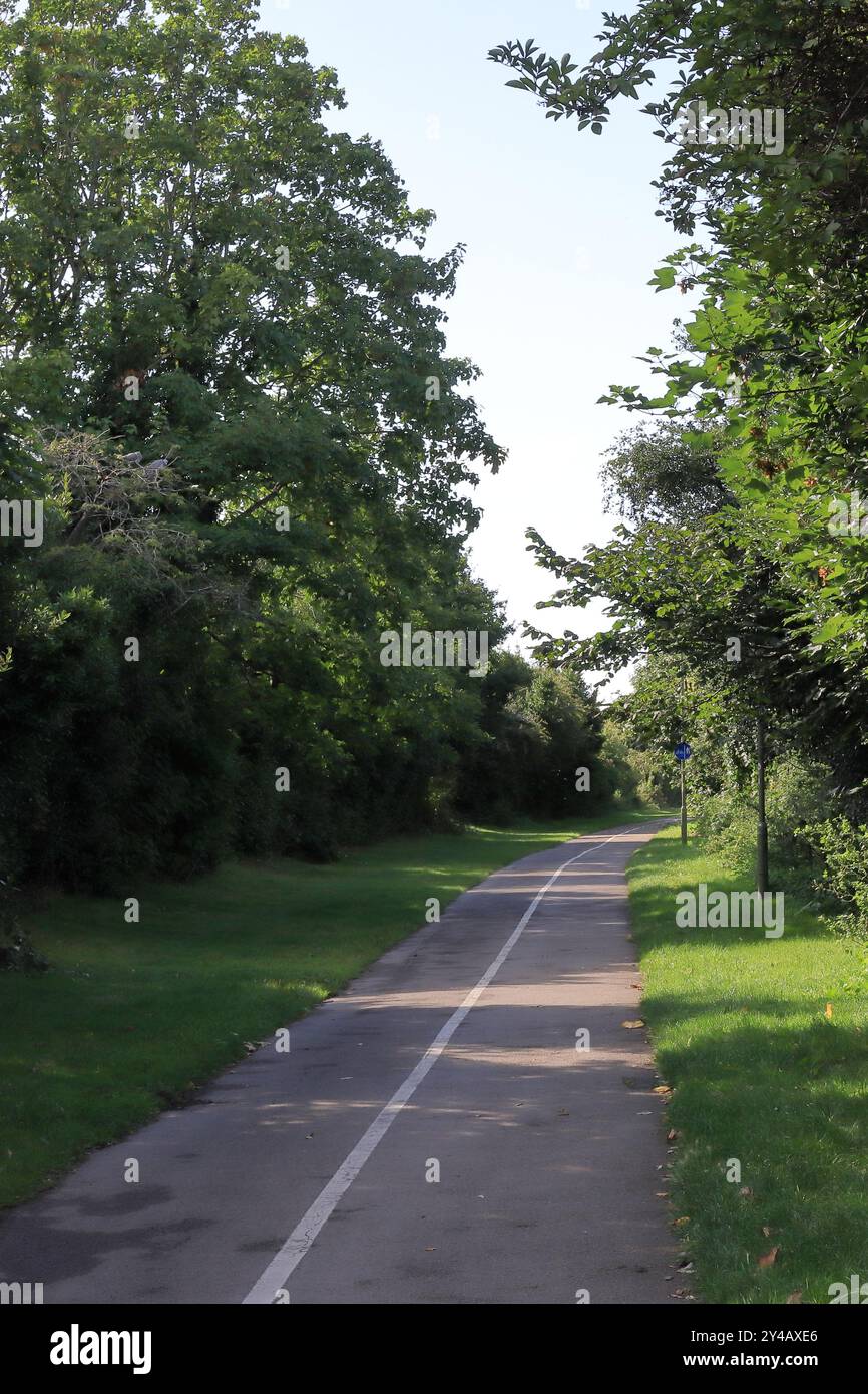 Gosport, Hampshire, England. 11. September 2024. Blick auf die von Bäumen gesäumte Radroute in Richtung Stokes Bay. Dieses Foto ist eines einer Serie, die ich kürzlich bei einem Besuch im Regency Garden von Alverstoke während der Gosport Heritage Open Days gemacht habe. In dieser Auswahl sind einige Fotos enthalten, die ich auf dem Weg zum und vom Garten gemacht habe, als ich zu Fuß war. Stockfoto