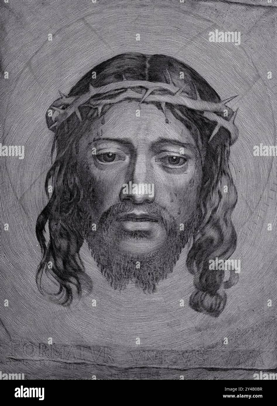 Dieser von Claude Mellan im Jahr 1649 geschaffene Stich zeigt das Gesicht Christi, wie es auf dem Sudarium der Heiligen Veronica dargestellt ist, und zeigt komplizierte Details. Stockfoto