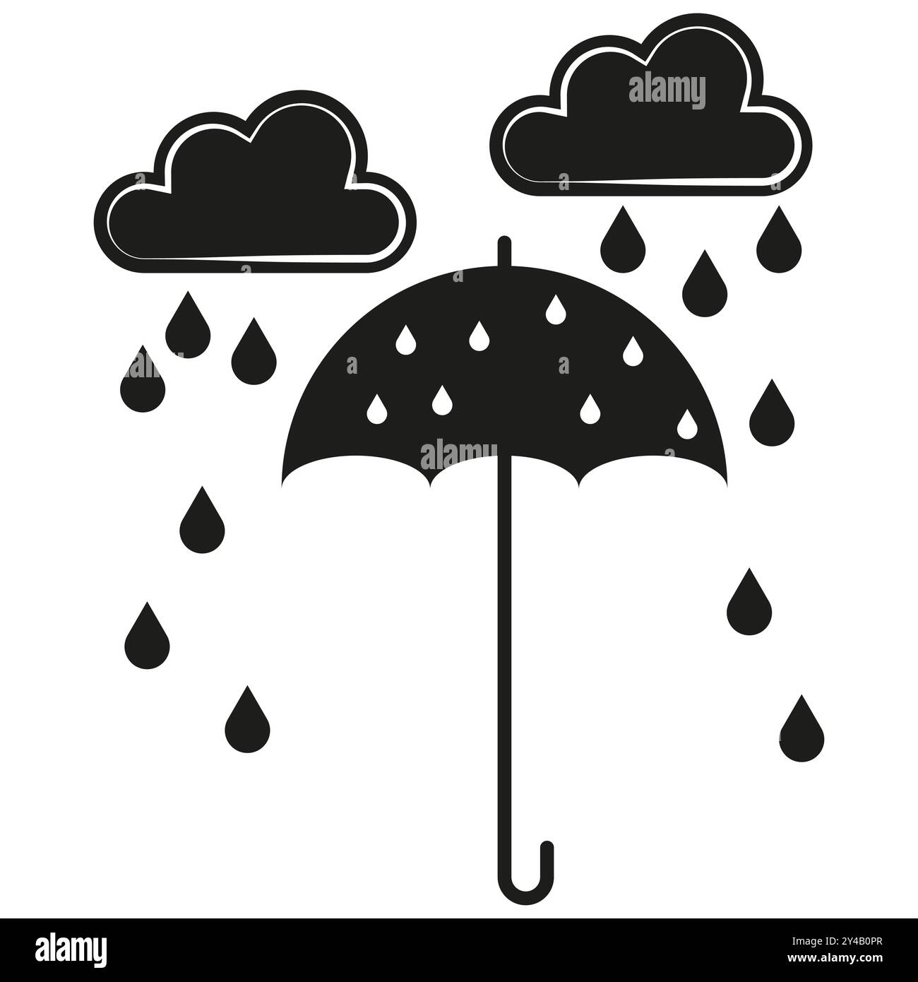 Regenschirm mit Regentropfen. Symbol für schwarze Regenwolken. Minimalistisches Regenwetter-Symbol. Einfache Vektordarstellung. Stock Vektor