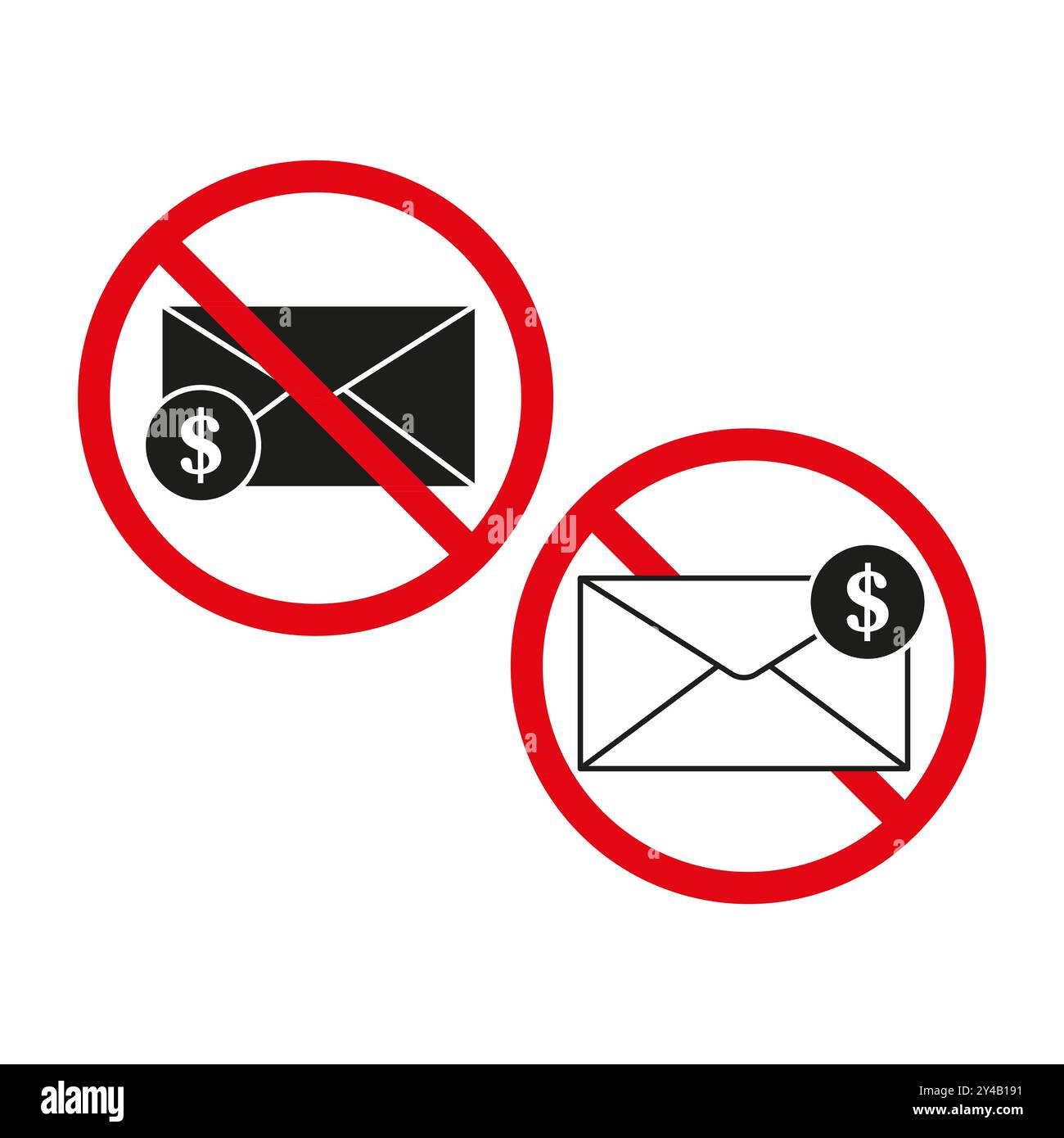 Symbol für das Verbot von Umschlägen. Umschlag für das Dollarsymbol. Kein Geld-Postschild. Roter verbotener Kreis. Stock Vektor