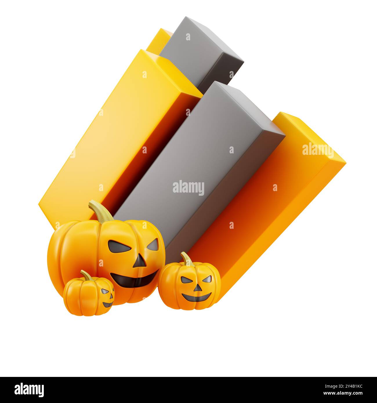 Haloween Jack o Laternen Kürbisse mit gruseligen Gesichtern isoliert auf weißem Hintergrund. 3D-Rendering Stockfoto