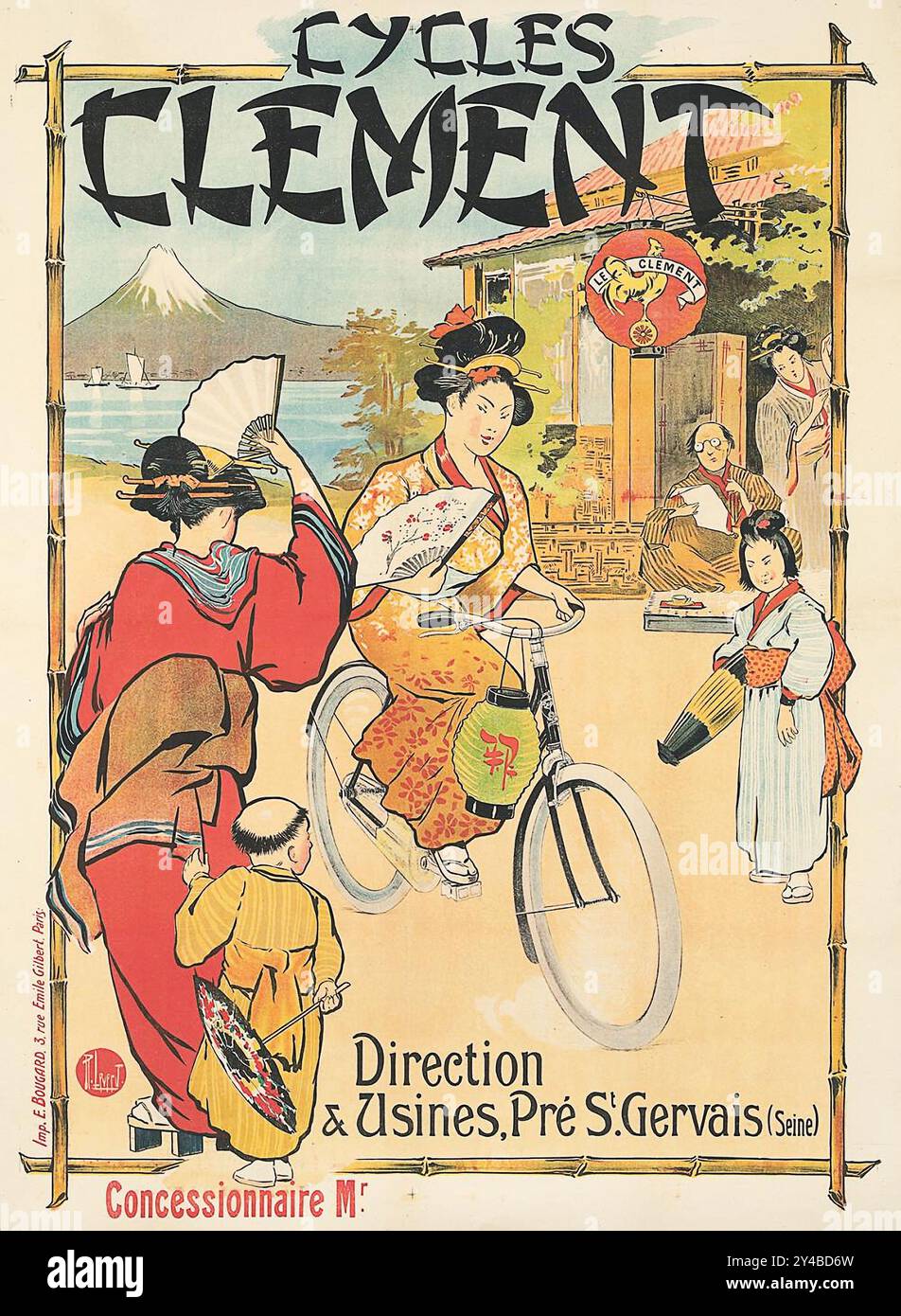 Französisches Vintage-Werbeplakat für Cycke Clement, das eine Japanerin zeigt, die in einer traditionellen japanischen Szene Fahrrad fährt.1905 Stockfoto