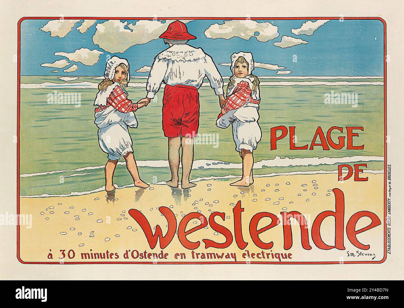 Belgisches Vintage-Poster, Westende Beach, Belgien, von Gustave Max Stevens 1898 Stockfoto