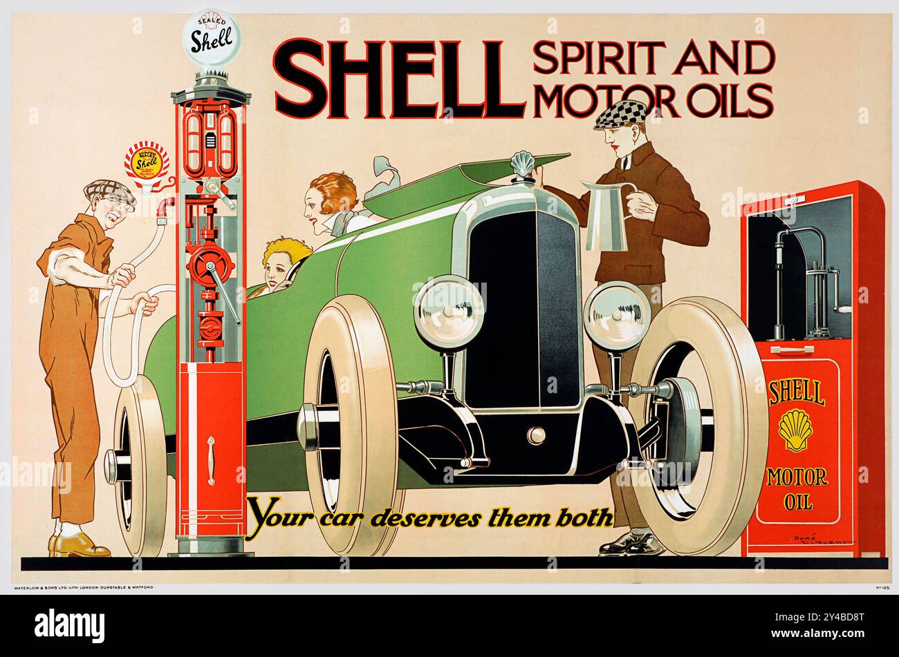 Vintage-Werbeplakat für Shell Spirit and Motor Oils, UK, von Rene Vincent mit Oldtimer und Gaspumpe, 1926 Stockfoto