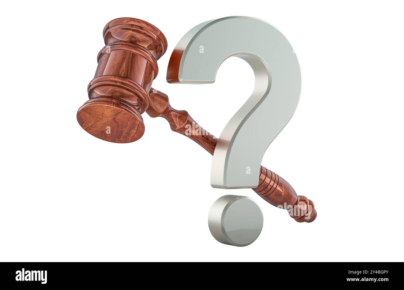 Hölzerner Gavel mit Fragezeichen. 3D-Rendering isoliert auf weißem Hintergrund Stockfoto