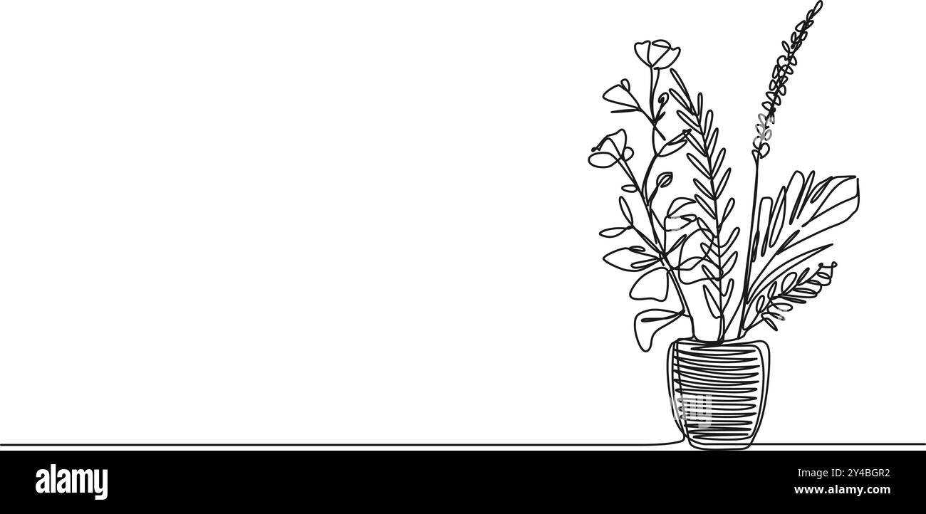 Ununterbrochene einzeilige Zeichnung von dekorativen Blättern und Blumen in der Vase, Linie Art Vektor Illustration Stock Vektor