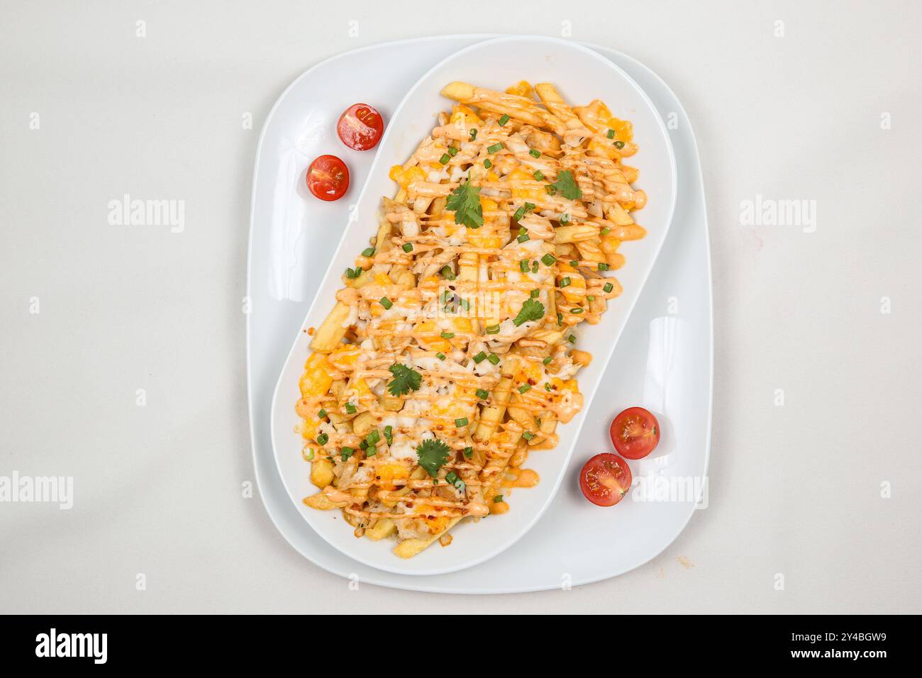 Frisch gekochte Pommes frites, gebacken mit Cheddar, Speck und Petersilie, ganz nah auf einem Teller. Draufsicht Stockfoto