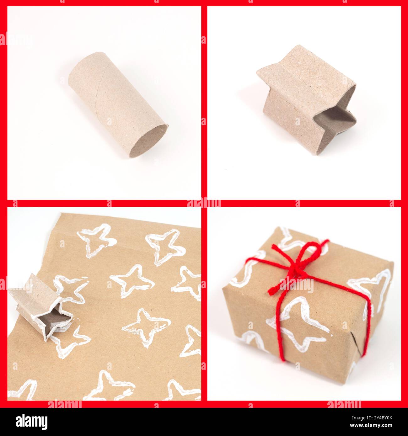 Sterne aus gefalteten Toilettenpapierrollen, DIY-Aktivitäten für Kinder, zeigen, wie man originelles Geschenkpapier kreiert. Erstellen Sie ein Projekt mit umweltfreundlichem Partner Stockfoto