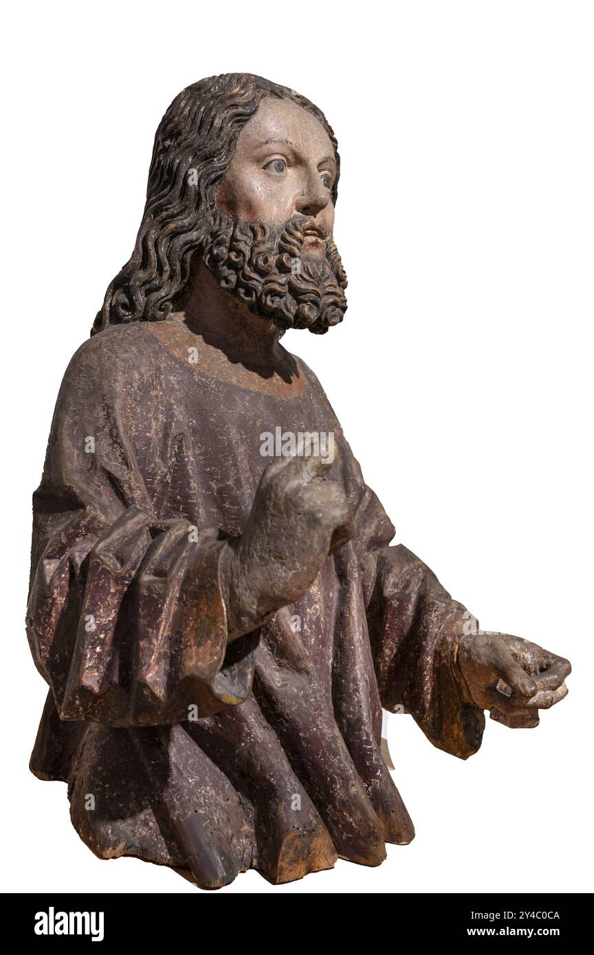 Jesusfigur, auf weißem Hintergrund, um 1470, nur noch der Körper der Palme existiert, Strigel Museum, Martin-Luther-Platz 1, Memmingen, SW Stockfoto