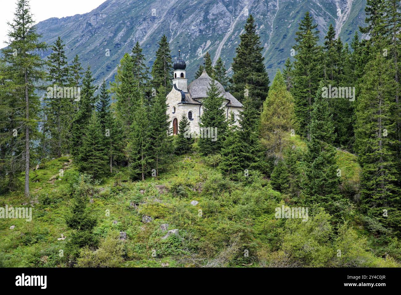 Seekapelle Maria am See, Obernberger See, Bergsee, Landschaft der Stubaier Alpen, Wetterstimmung, Obernberg am Brenner, Tirol, Österreich, Europa Stockfoto