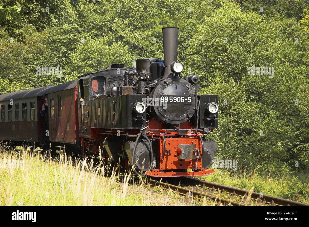 HSB, Schmalspurbahn Harz, Lokomotive, Dampflok, Rauch, HSB-Bahn, Brockenbahn, Harz, Verkehr, Verkehr, Eisenbahn Stockfoto