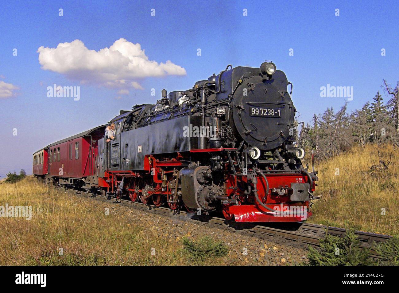 HSB, Schmalspurbahn Harz, Lokomotive, Dampflok, Rauch, HSB-Bahn, Brockenbahn, Harz, Verkehr, Verkehr, Eisenbahn Stockfoto