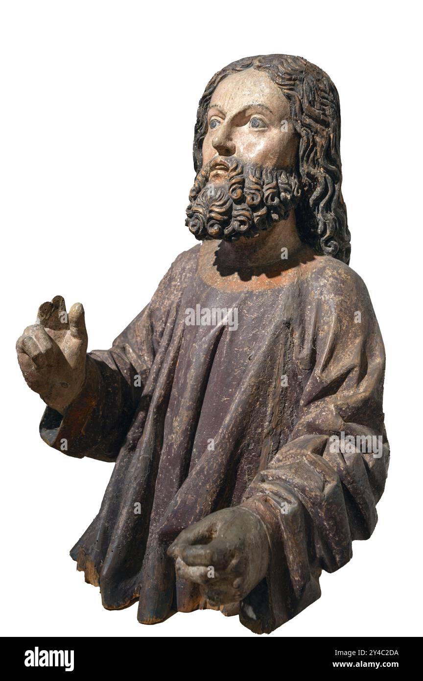 Jesusfigur, auf weißem Hintergrund, um 1470, nur noch der Körper der Palme existiert, Strigel Museum, Martin-Luther-Platz 1, Memmingen, SW Stockfoto
