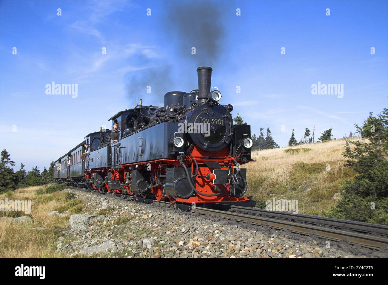 HSB, Schmalspurbahn Harz, Lokomotive, Dampflok, Rauch, HSB-Bahn, Brockenbahn, Harz, Verkehr, Verkehr, Eisenbahn Stockfoto