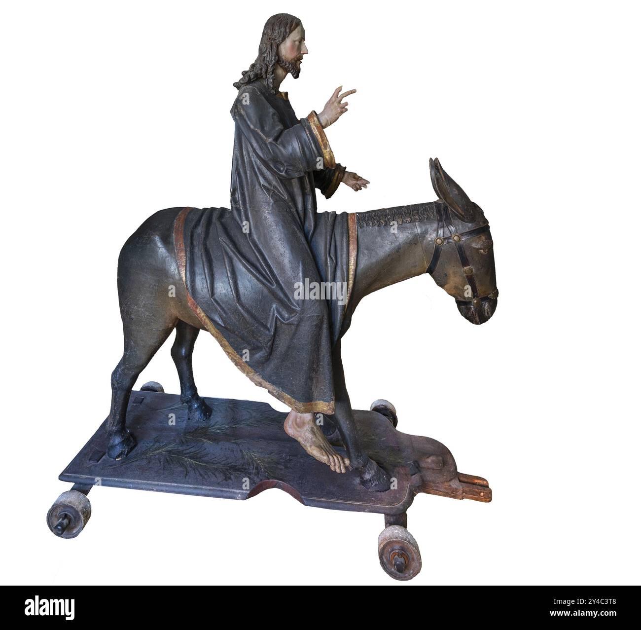 Christus auf dem Palmenesel auf weißem Hintergrund, Detail, Holzfigur um 1880, Dominikanerkloster in Wettenhausen, Schwaben, Bayern, Deutschland, Stockfoto