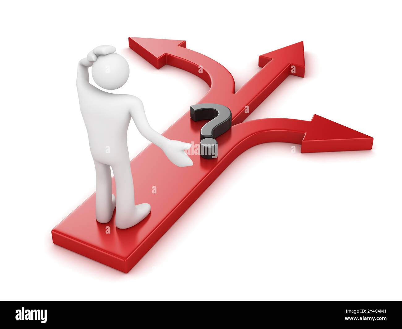 3D-Mann, der auf roten Pfeilen steht, das ist ein 3D-Computerbild. Isoliert auf weiß Stockfoto