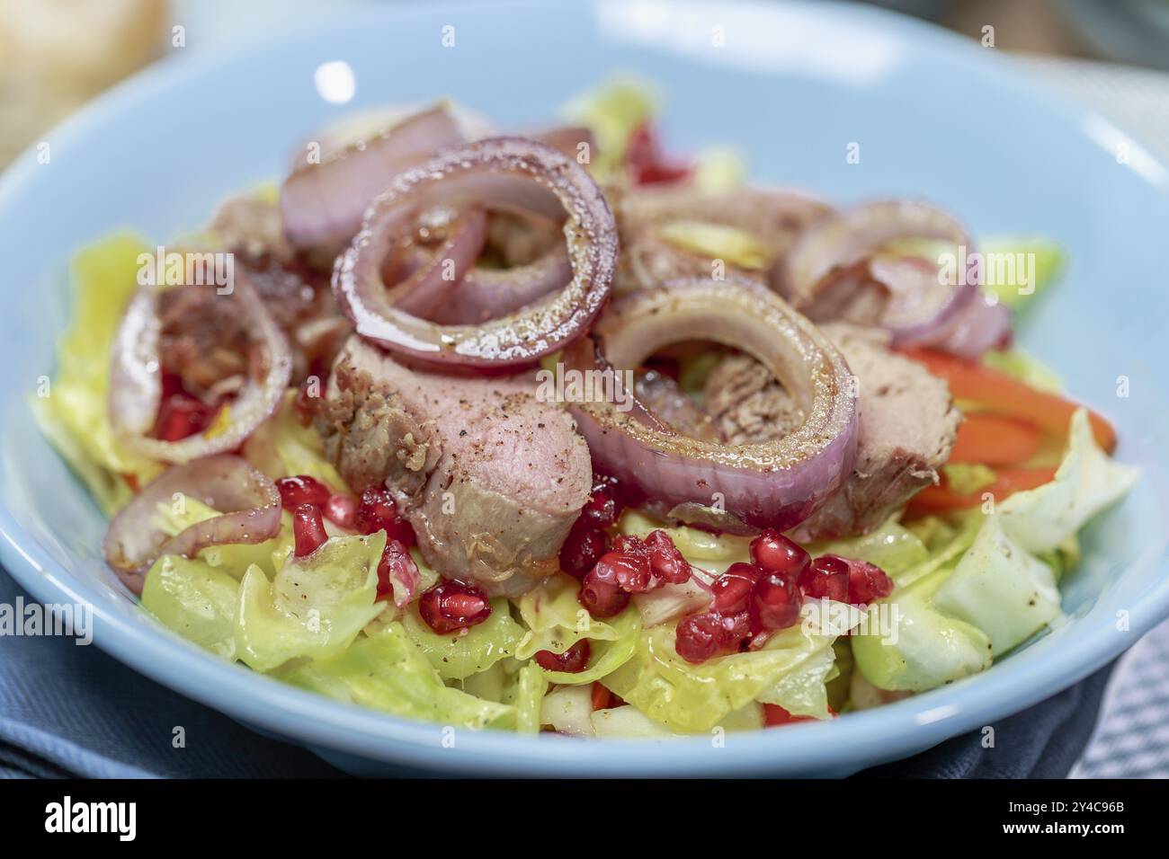 Filet vom iberischen Schwein mit Spitzkohl, roten Zwiebeln, Paprika und Granatapfelsamen Stockfoto