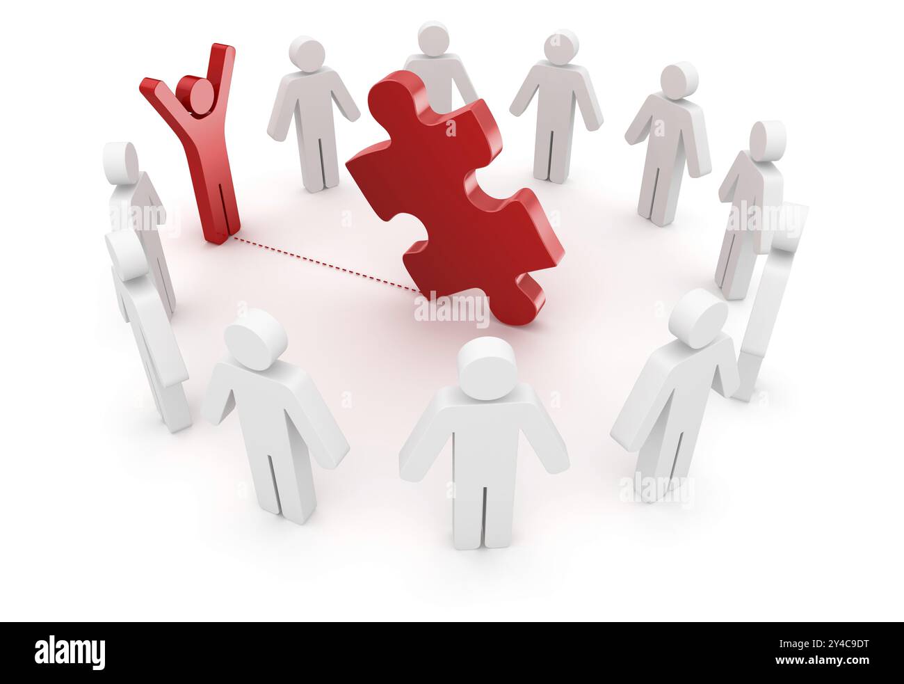 3D-Menschen und rotes Puzzleteil, dies ist ein computergeneriertes und 3D-gerendertes Bild Stockfoto