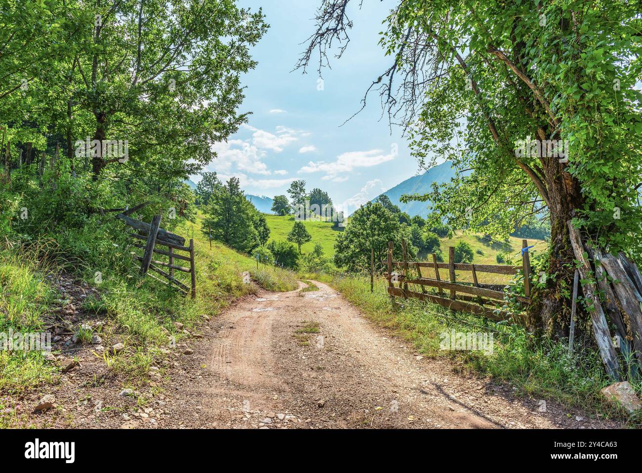 Land straße und alten hölzernen Zaun in den Bergen Stockfoto