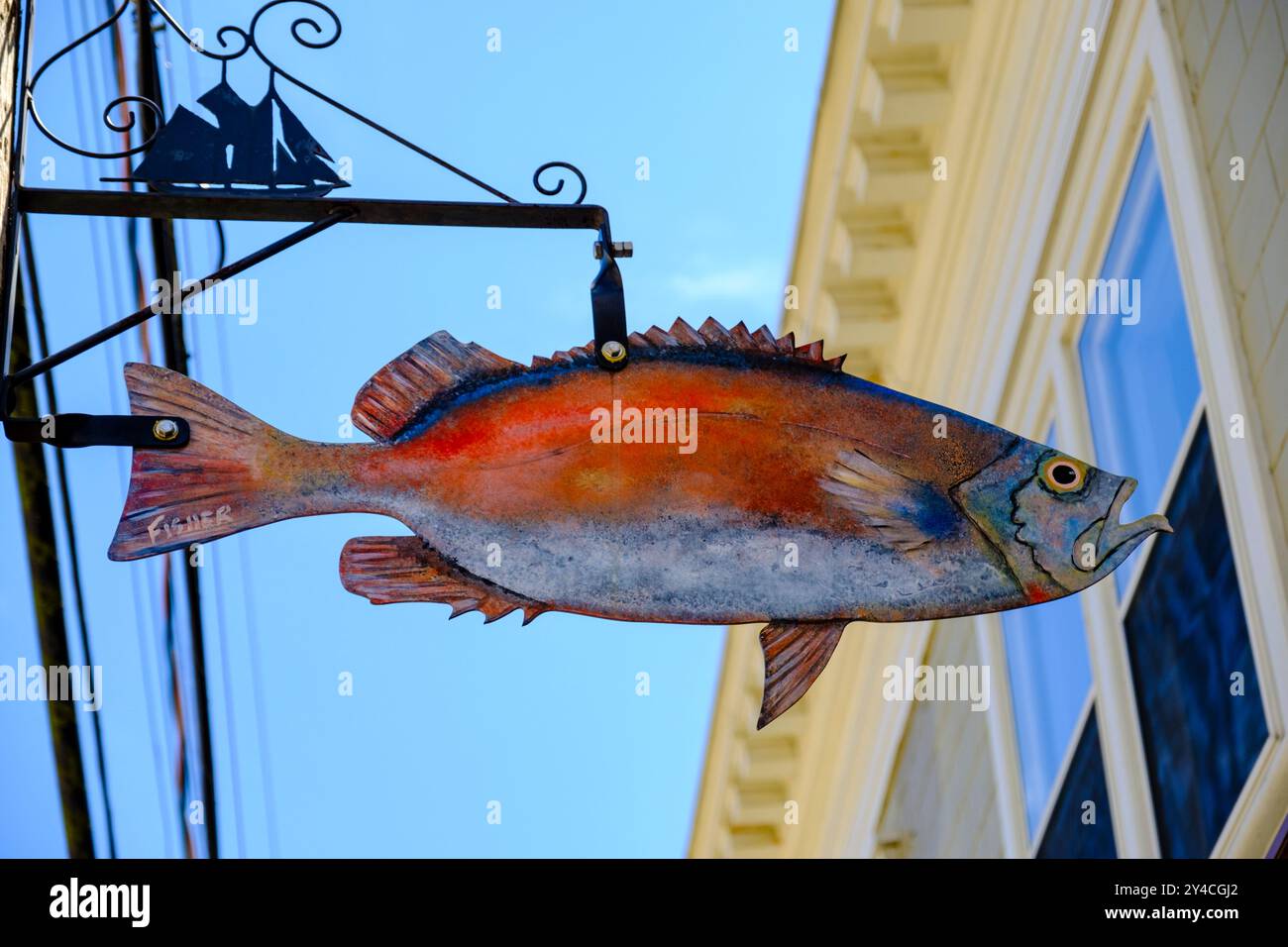 Street Art Fisch, kunstvolle Straßenschilder, künstlerische Markierungen mit Meeresfrüchten, Altstadt von Lunenburg, Nova Scotia, Kanada Stockfoto