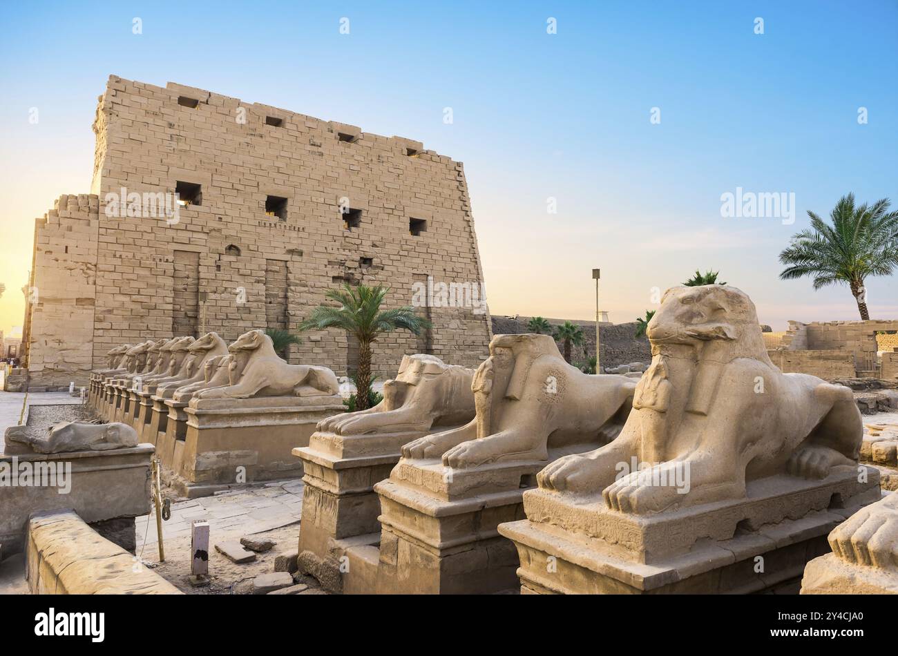 Fassade des Karnak-Tempels bei Sonnenaufgang in Luxor, Ägypten, Afrika Stockfoto