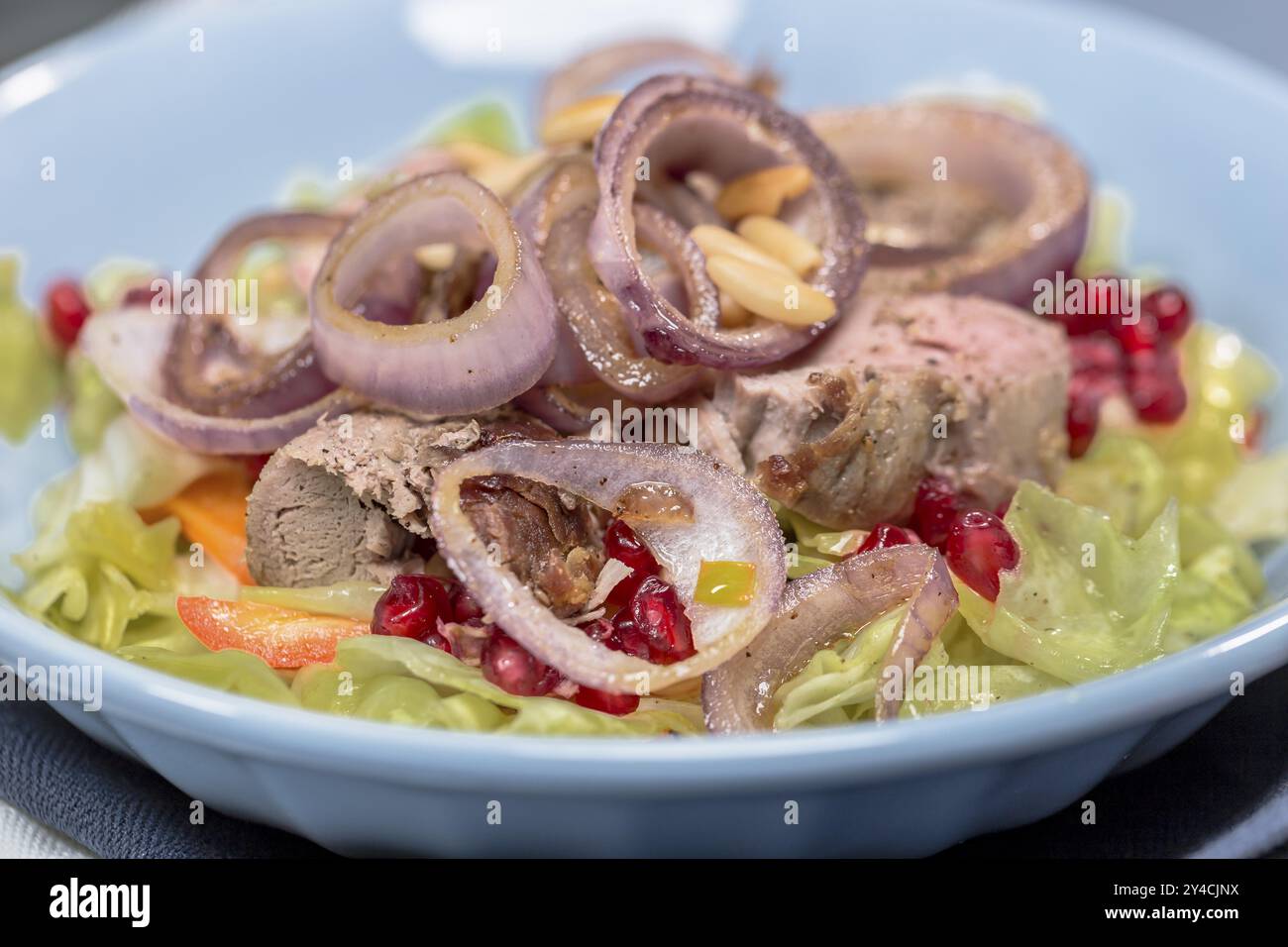Filet vom iberischen Schwein mit Spitzkohl, roten Zwiebeln, Paprika und Granatapfelsamen Stockfoto