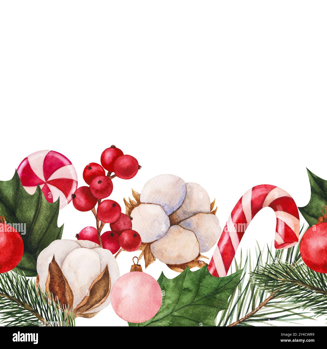 Festliche nahtlose Grenze mit Aquarellillustration mit Zuckerstangen, stechpalmenblättern, roten Beeren und Weihnachtsschmuck. Perfekt für den Urlaub Stockfoto