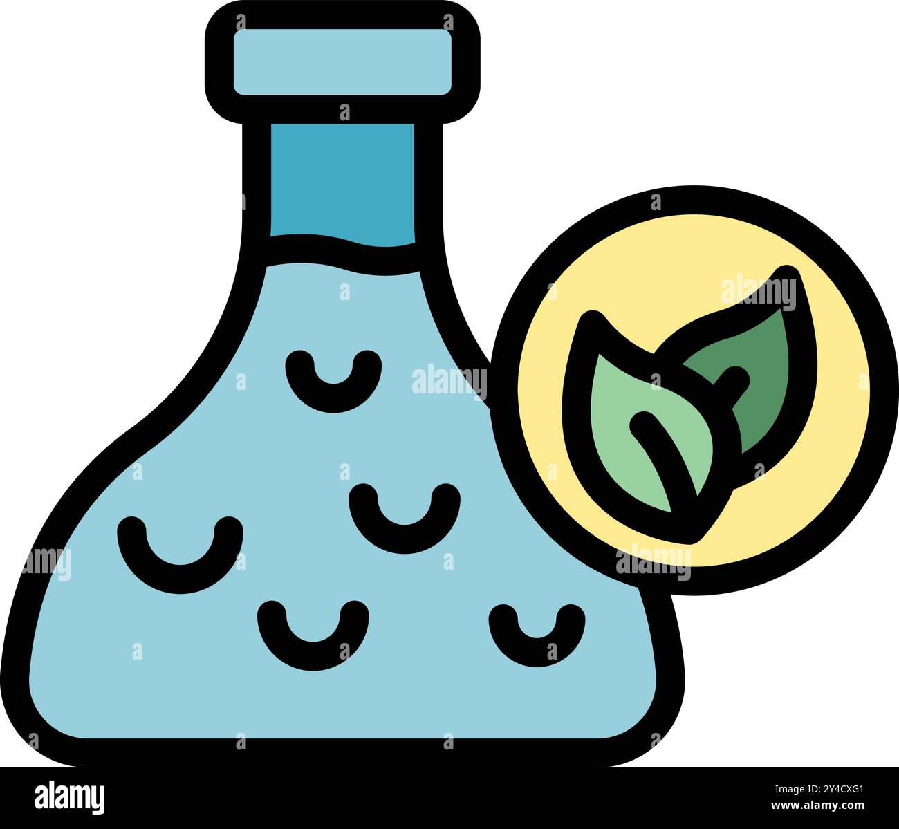 Laborkolben mit blauer Flüssigkeit mit grünem Blattsymbol, das auf die Forschung an Naturstoffen oder organischen Chemikalien hinweist Stock Vektor
