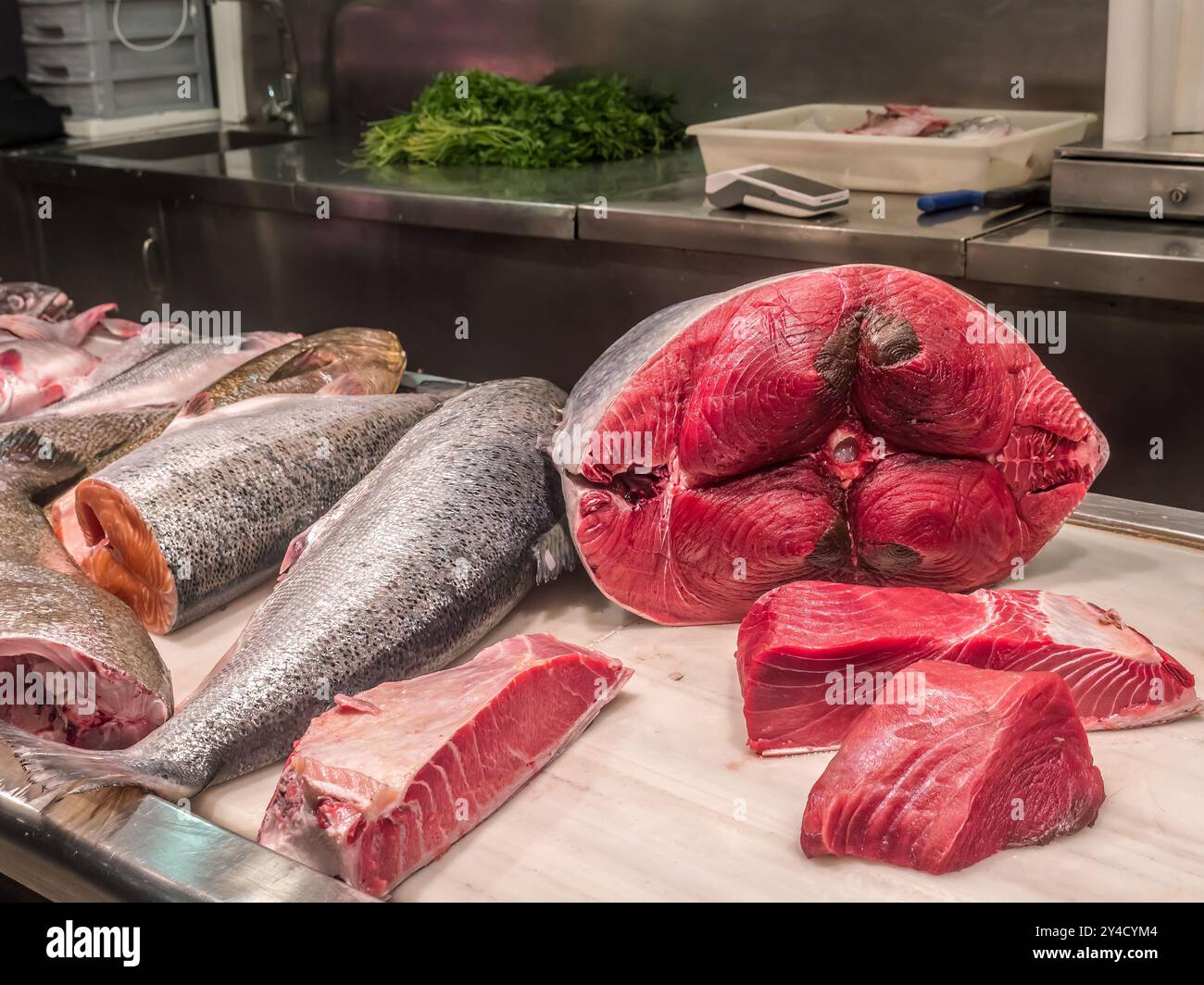 Markt für frische Meeresfrüchte mit großer Auswahl an frischem Fisch, Murci, Spanien Stockfoto