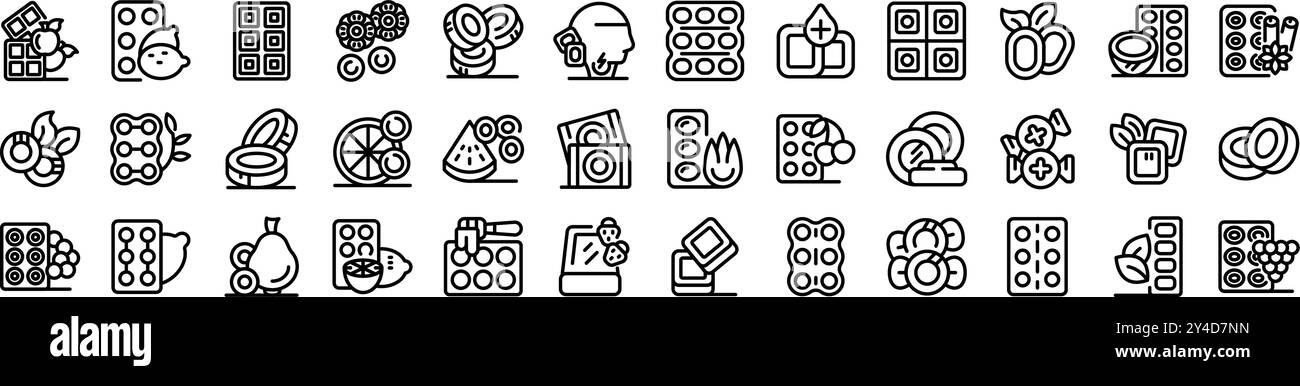 Kehle Lutschtabletten Symbole gesetzt. Apotheker, der Blisterpackung mit Medizin und Vitaminen in der Apotheke wählt Stock Vektor