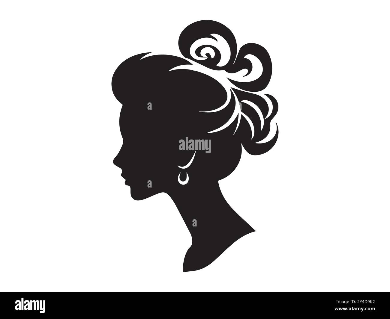 Schwarze Silhouette einer Frau mit eleganter Frisur und Ohrringen auf weißem Hintergrund. Konzept des weiblichen Profils, minimalistisches Design, Elega Stock Vektor