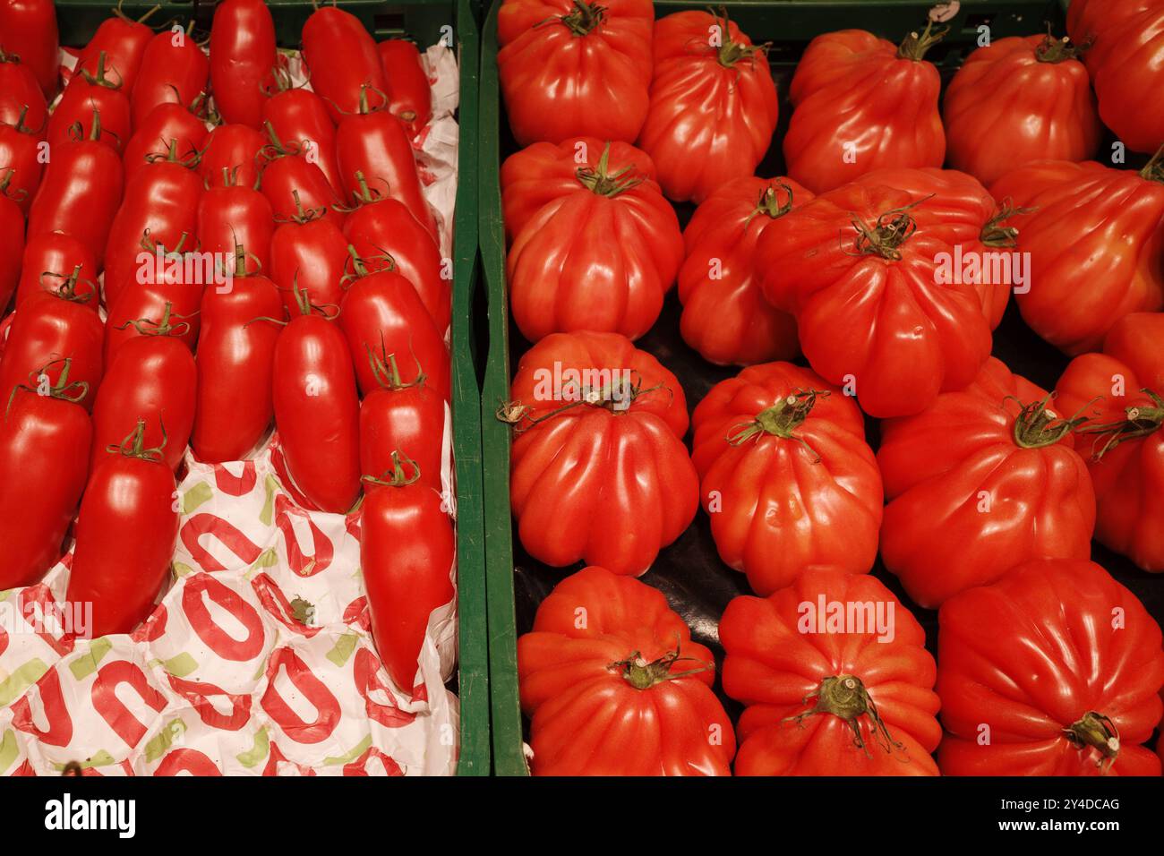 Nahaufnahme der leuchtend roten San Marzano und der traditionellen Tomaten auf einem Markt. Stockfoto