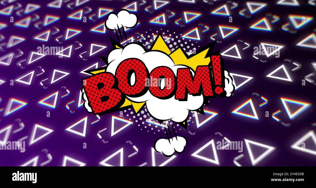 Bild des Boom-Textes über Hintergrund mit lebhaftem Retro-Muster Stockfoto