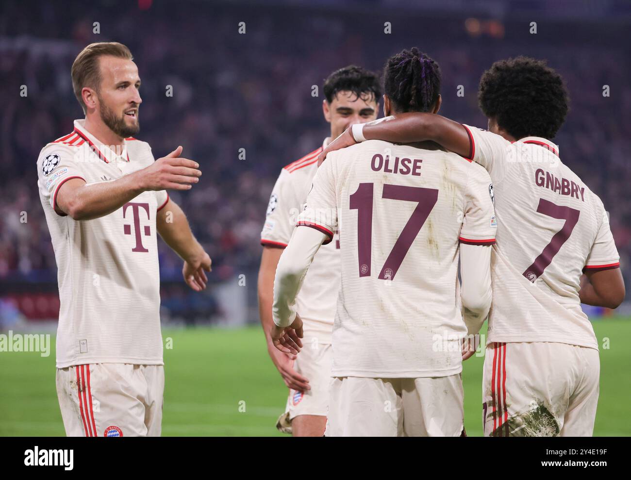 München, Deutschland. September 2024. Michael Olise (2. R) von Bayern München feiert mit seinen Teamkollegen das Trefferspiel in der ersten Runde der UEFA Champions League zwischen dem deutschen Bayern München und dem kroatischen GNK Dinamo am 17. September 2024 in München. Quelle: Philippe Ruiz/Xinhua/Alamy Live News Stockfoto