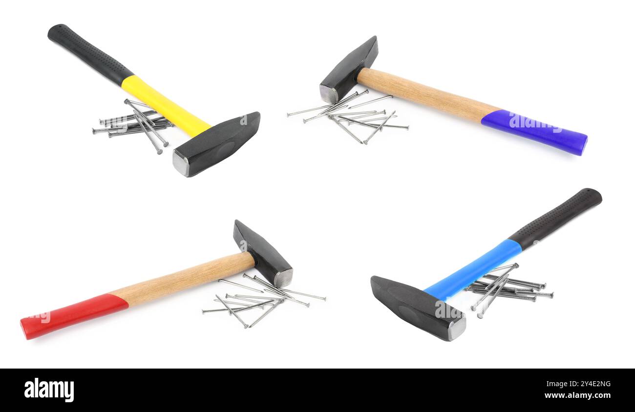 Collage mit verschiedenen Hämmern und Metallnägeln auf weißem Hintergrund Stockfoto