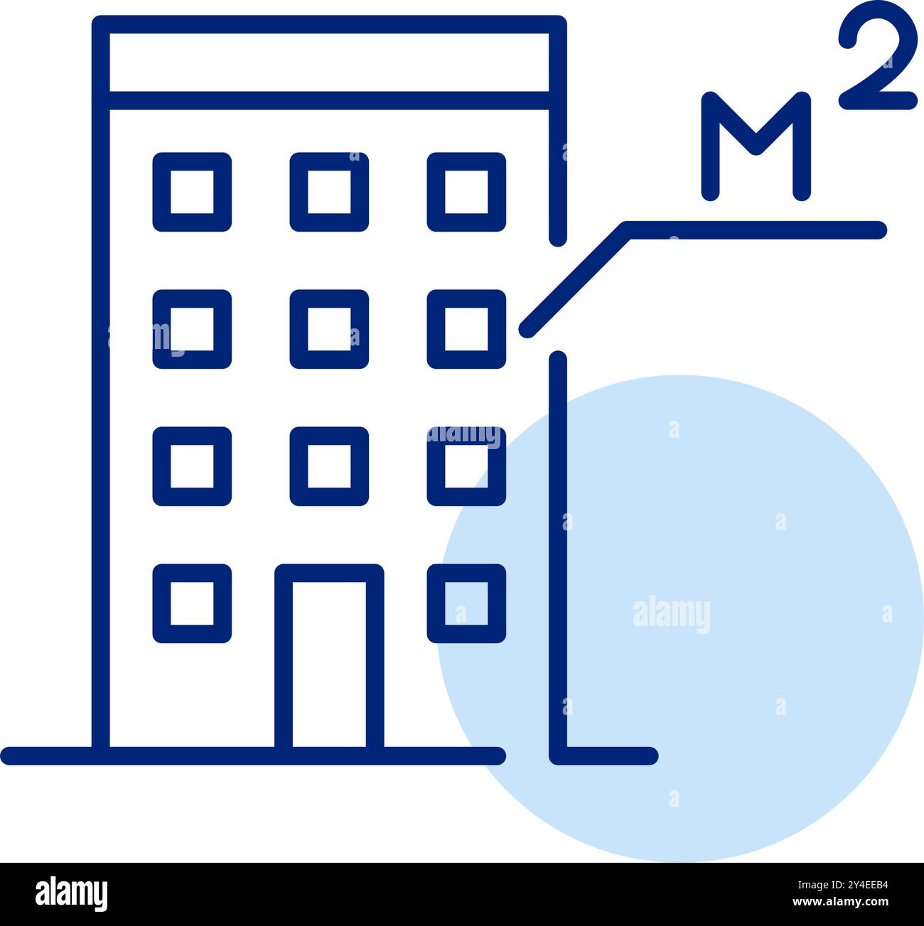Hochhaus-Appartementgebäude und Quadratmeterschild. Kompakter urbaner Wohnraum. Immobilienmaße. Pixelperfektes, bearbeitbares Konturvektorsymbol Stock Vektor